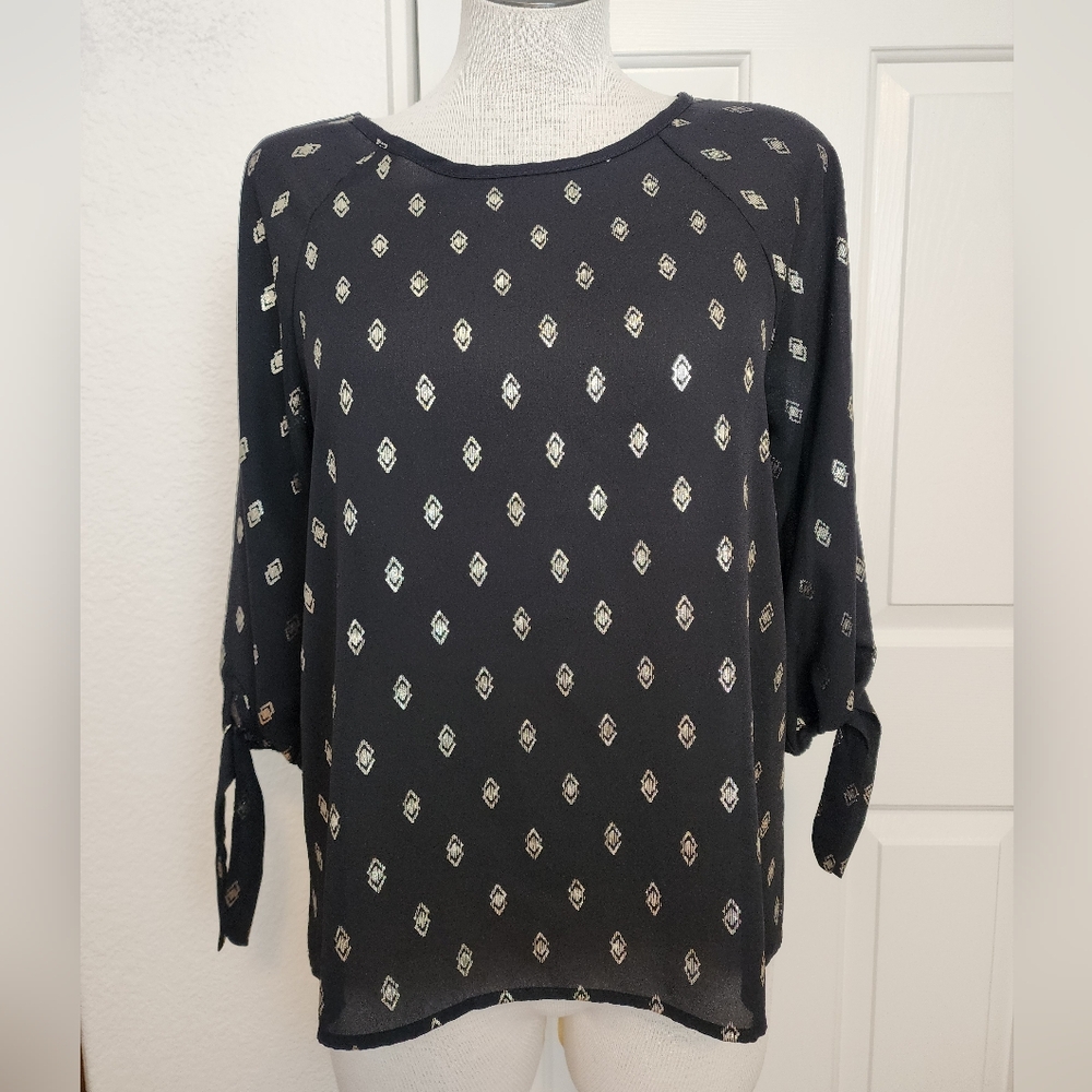 Paper Moon Black & Gold Patterned Quarter Sleeve Tie Cuffs Women's Top Size S